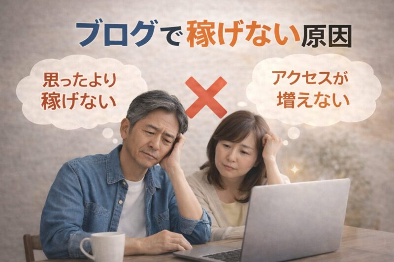 ブログで稼げない原因に悩む50代夫婦のイメージ画像｜アクセスが伸びず収益化できない不安