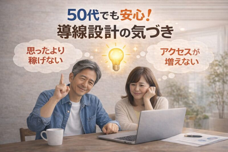 ブログ収益化の気づきを得て前向きに取り組む50代夫婦のイメージ画像｜導線設計の重要性