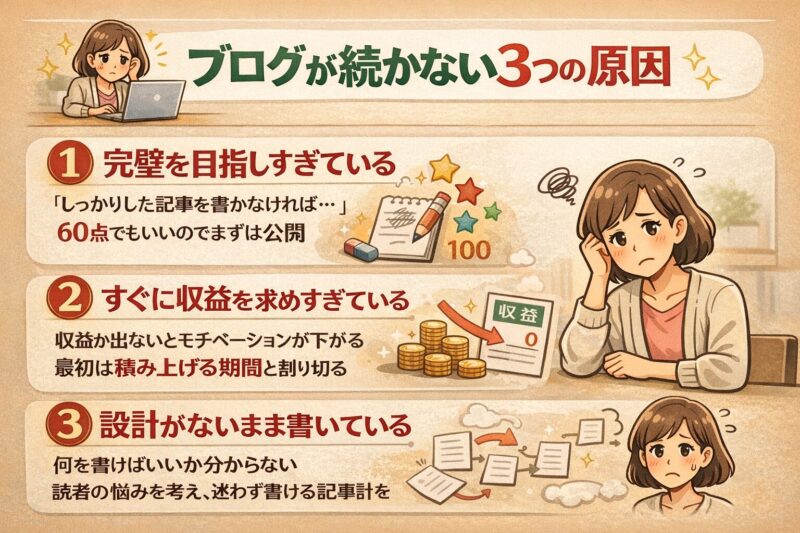 ブログが続かない3つの原因を解説する図解｜完璧主義・収益焦り・設計不足の問題