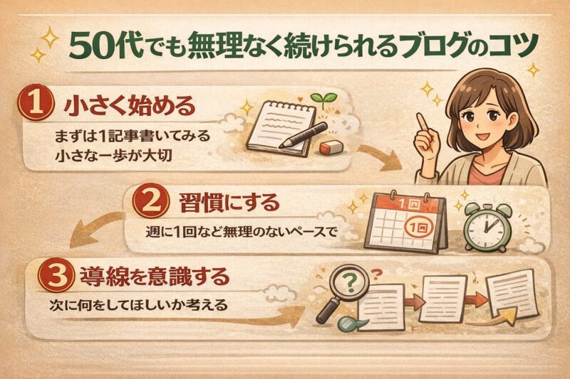 50代でも無理なく続けられるブログのコツを解説した図解｜小さく始める・習慣化・導線設計