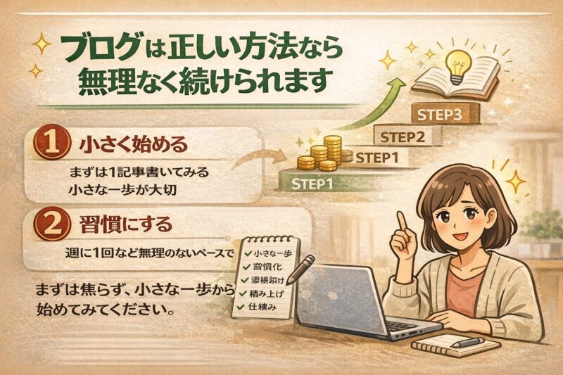 ブログを前向きに続ける50代女性のイメージ｜正しい方法で無理なく継続できることを解説