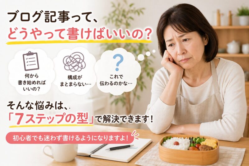 ブログ記事の書き方に悩む初心者が迷っている様子と7ステップの型で解決できることを表現したリード用イメージ画像