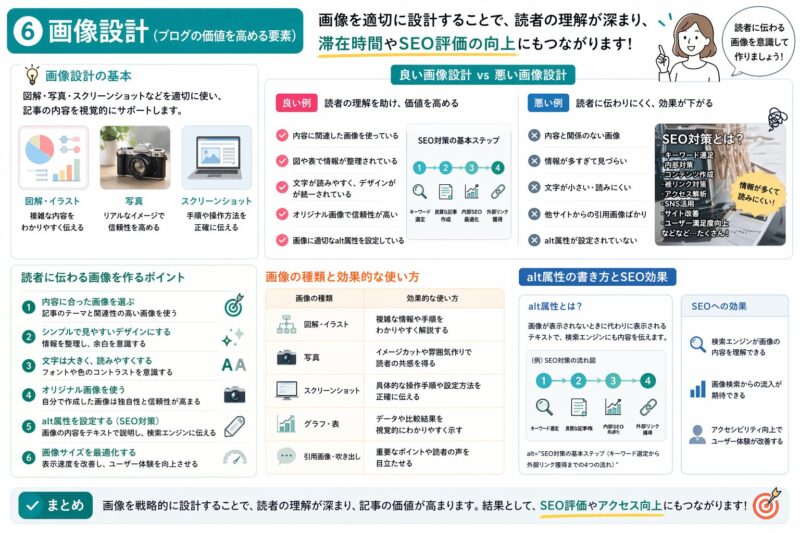 ブログ記事における画像設計の重要性と効果的な使い方を良い例と悪い例で比較しながらSEOとの関係も含めて解説した図解画像