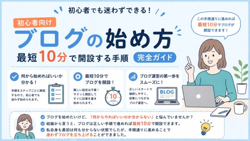 ブログ初心者向けに始め方を解説したインフォグラフィック画像、最短10分で開設できる手順やポイントを図解で紹介