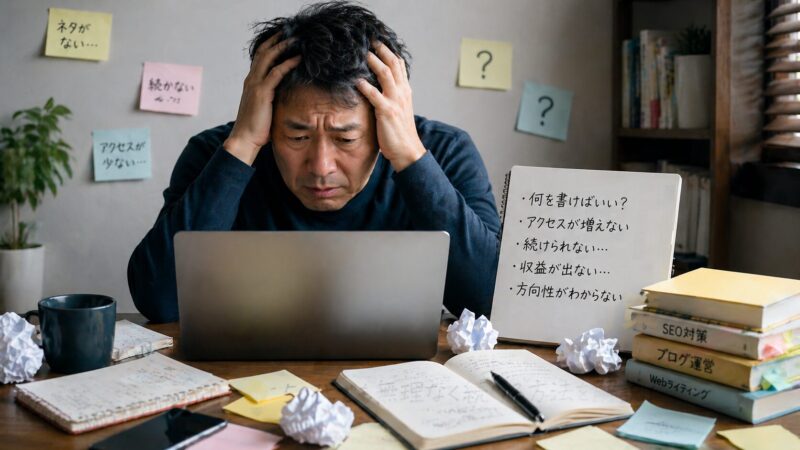 ブログのネタ切れやアクセス低迷に悩み、机の前で頭を抱える男性のイメージ画像