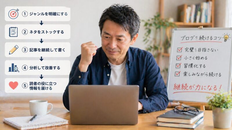 ブログの改善ポイントを整理しながら前向きに作業を進める男性と成長のイメージ画像