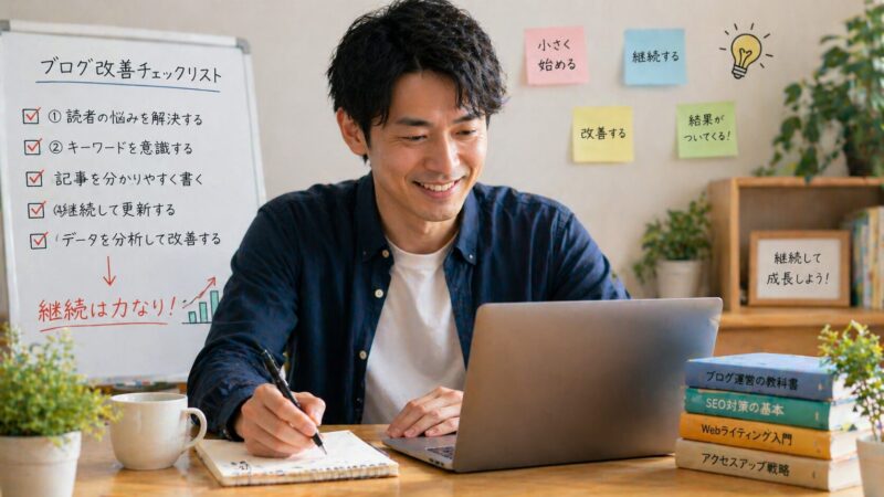 ブログの改善ポイントを実践しながら前向きに作業を進め、成長していく様子のイメージ画像