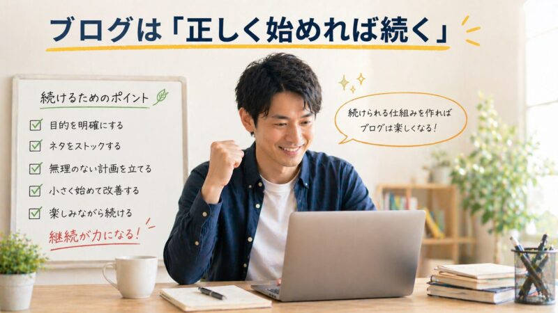 ブログを正しく始めることで継続できる仕組みを理解し、前向きに作業を進める男性のイメージ画像