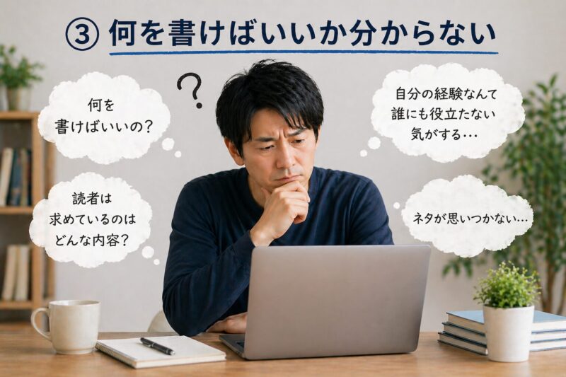 ブログで何を書けばいいか分からず悩み、ネタや方向性に迷っている男性のイメージ画像